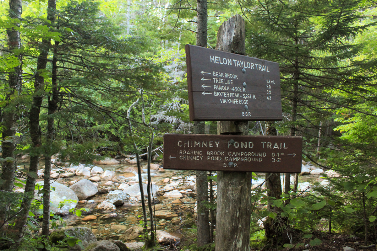 Helon Taylor and Chimney Pond Trail junction sign