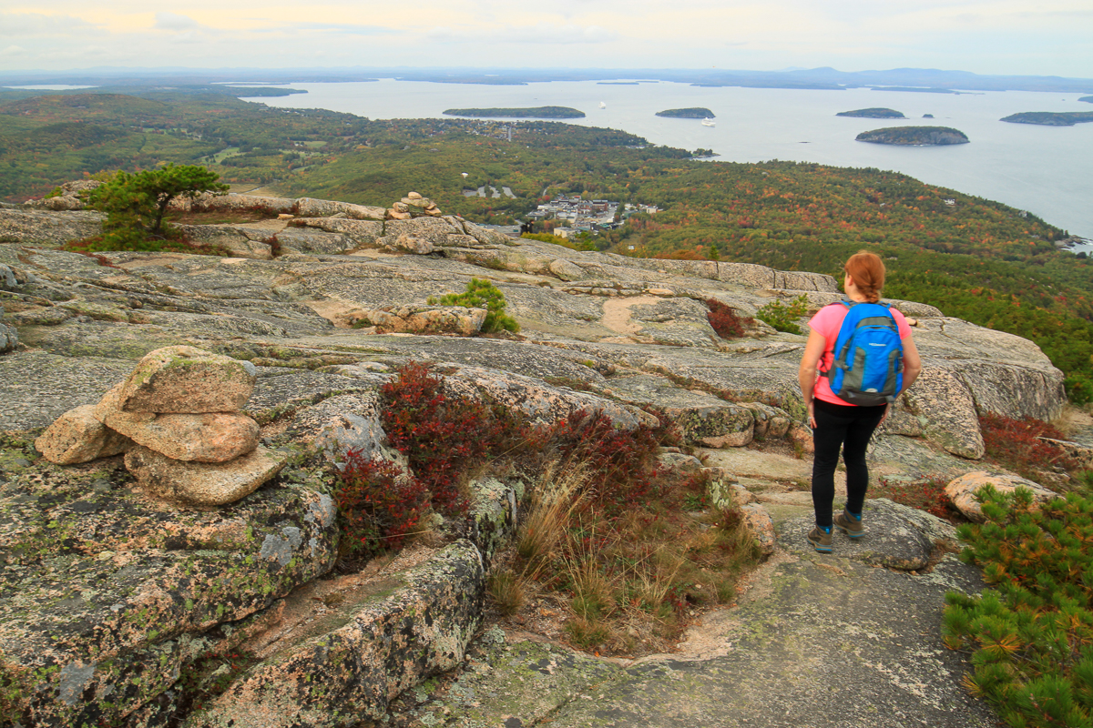 Looking down at Bar Harbor from the north ridge of the Champlain Mountain Trail at Acadia National Park